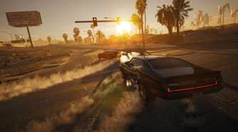 Image from MindsEye showing two cars drifting on a city street.