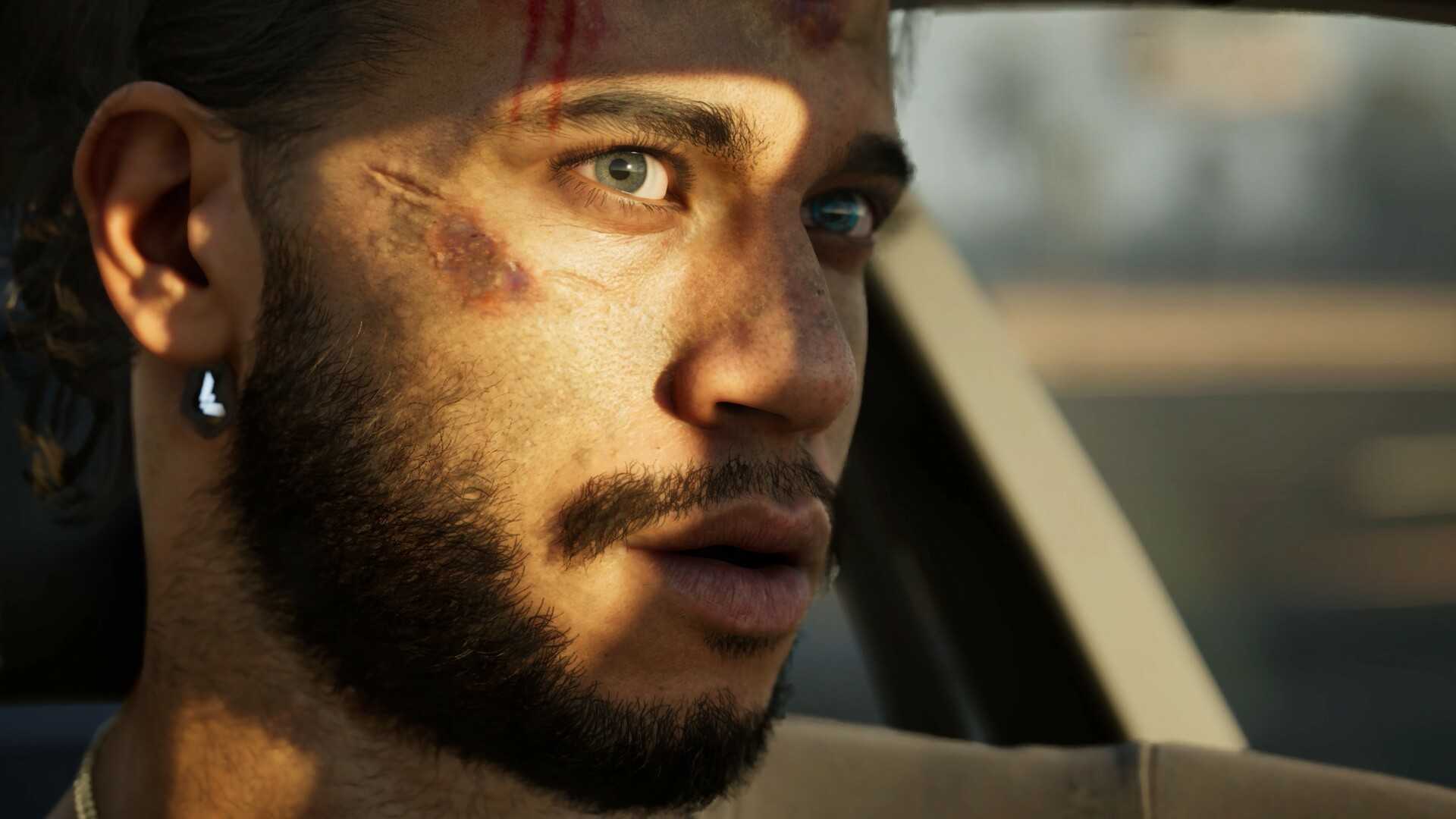 Image from MindsEye showing the protagonist beat-up face close up