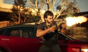 Image from MindsEye showing the protagonist showing a rifle outside a car.
