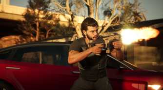 Image from MindsEye showing the protagonist showing a rifle outside a car.