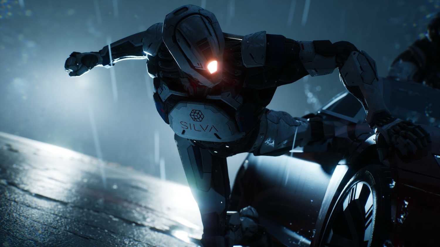 Image from MindsEye showing a robot punching a car