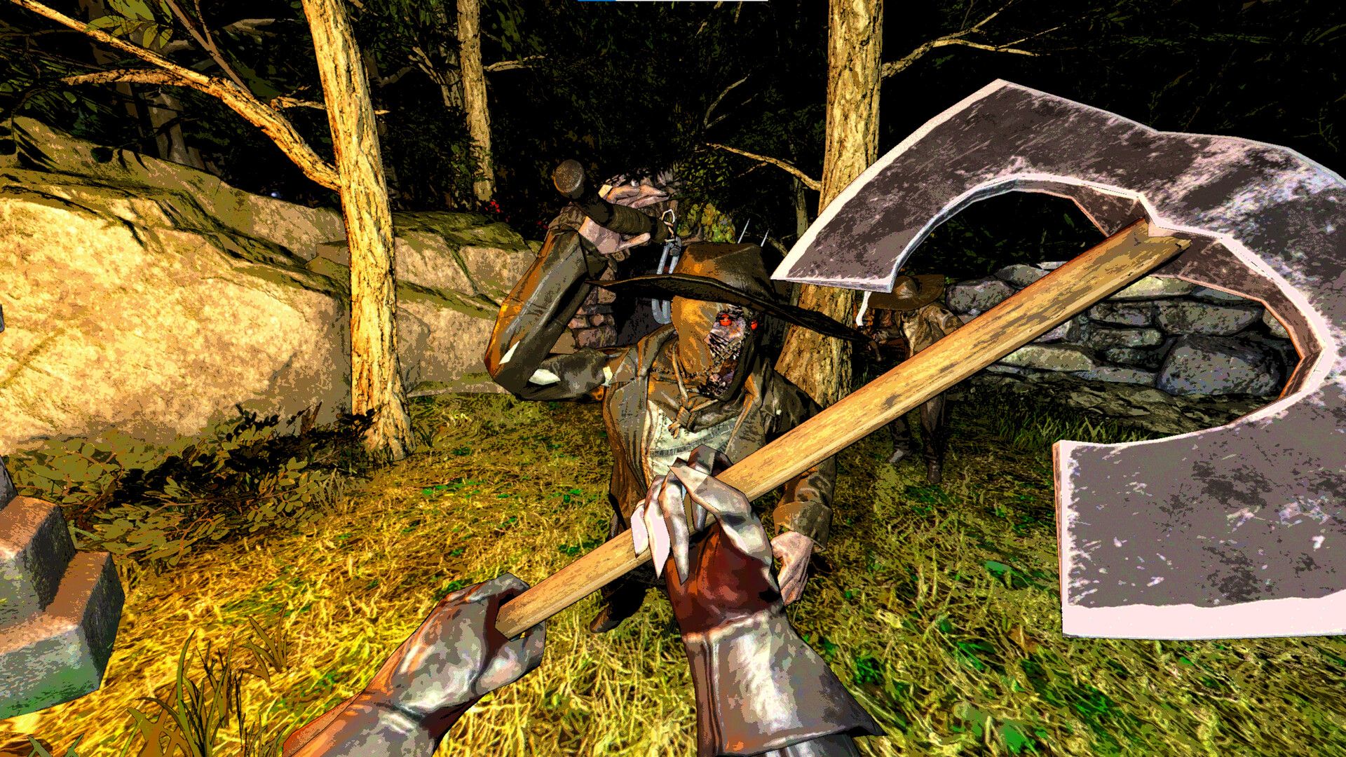 mortal sin holding a battle axe in front of a skeleton