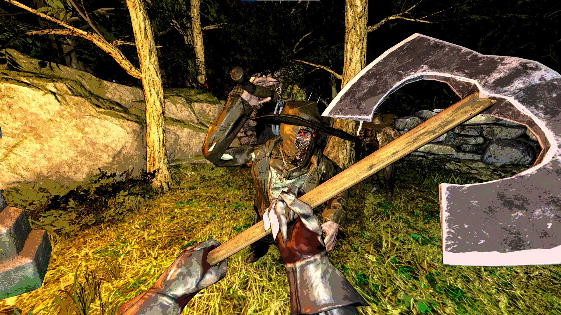 mortal sin holding a battle axe in front of a skeleton