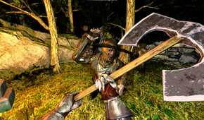 mortal sin holding a battle axe in front of a skeleton