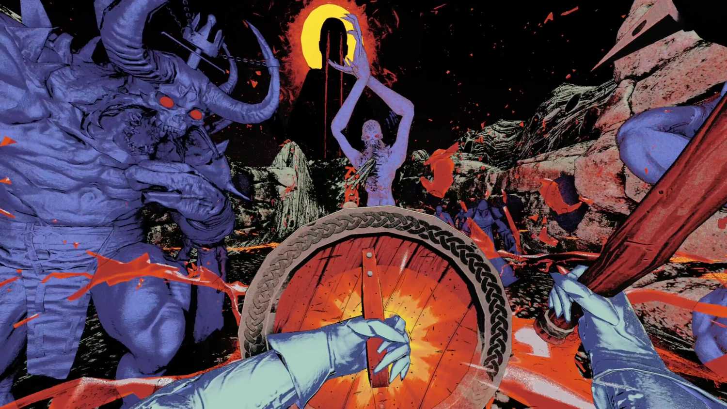 mortal sin holding a shield up to a bunch of demons