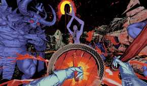 mortal sin holding a shield up to a bunch of demons