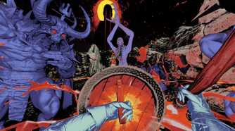 mortal sin holding a shield up to a bunch of demons
