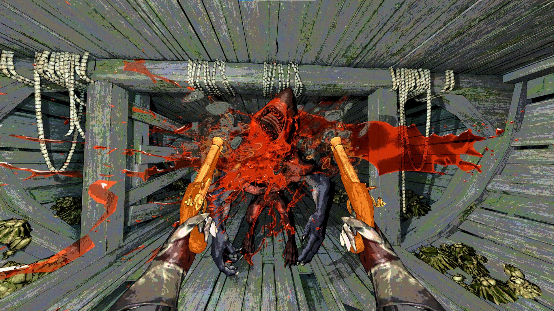 mortal sin two pistols shooting a shark