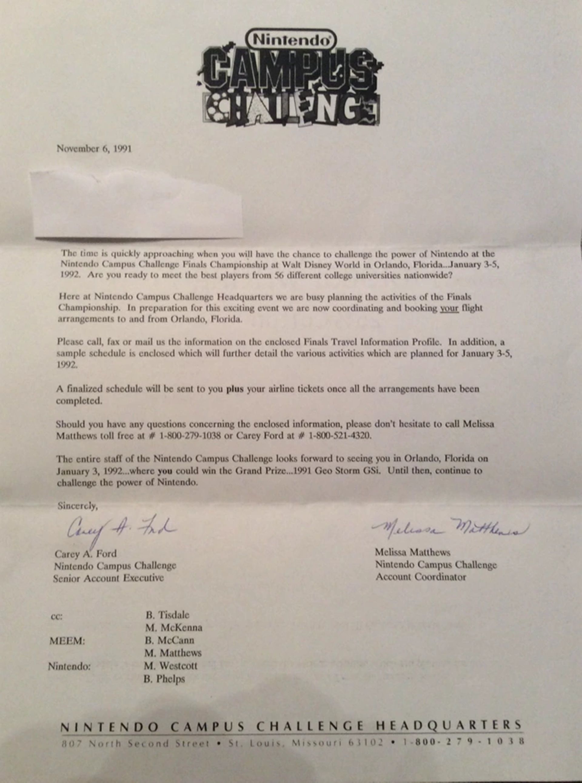 A letter winners received for the Nintendo Campus Challenge.