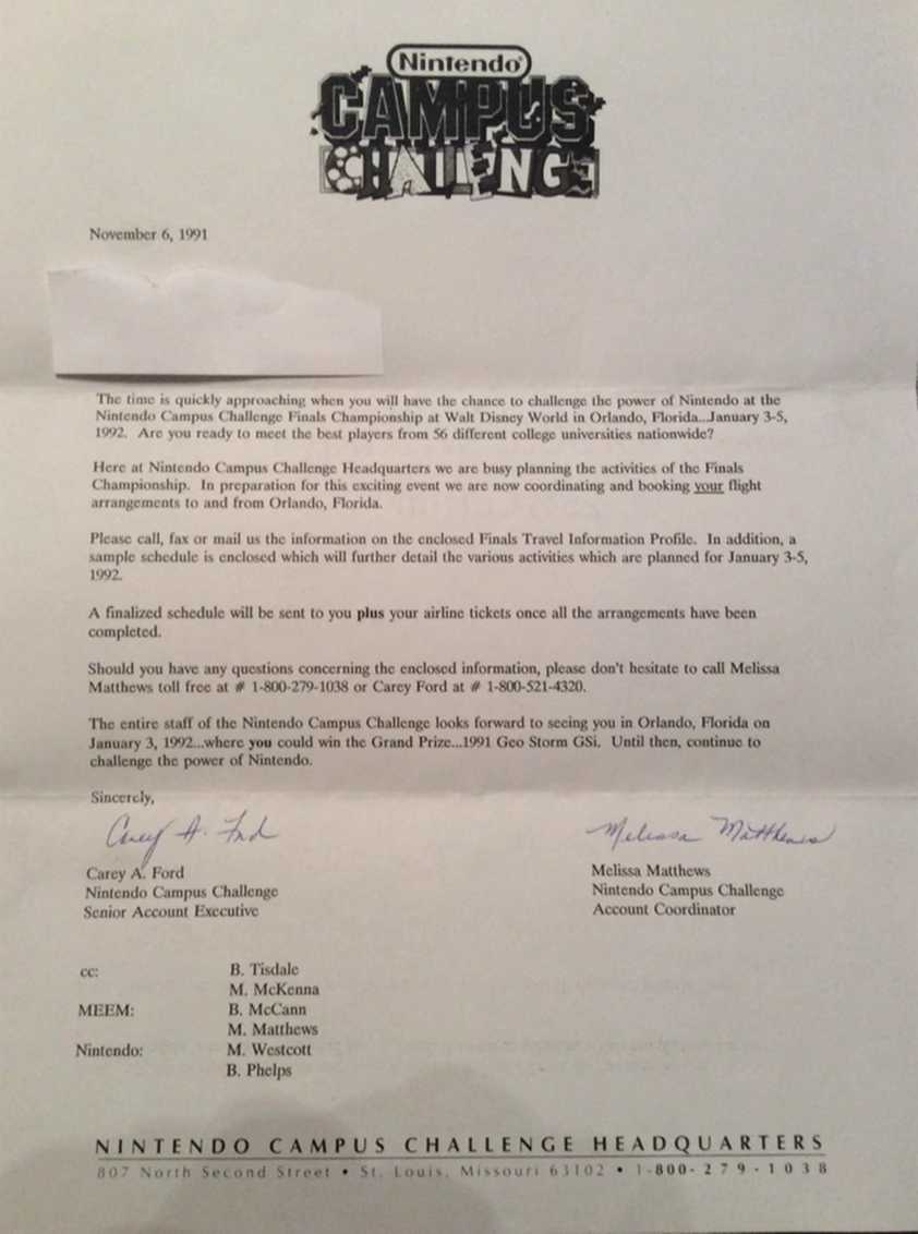 A letter winners received for the Nintendo Campus Challenge.