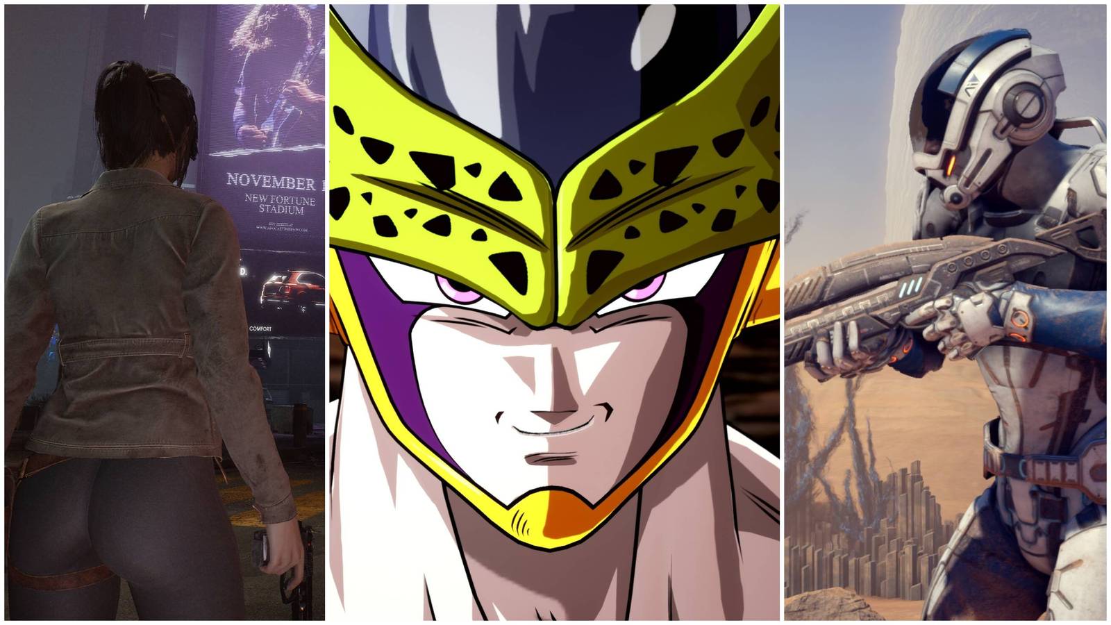 Collage of The Day Before, Dragon Ball Sparking Zero, and Mass Effect: Andromeda.