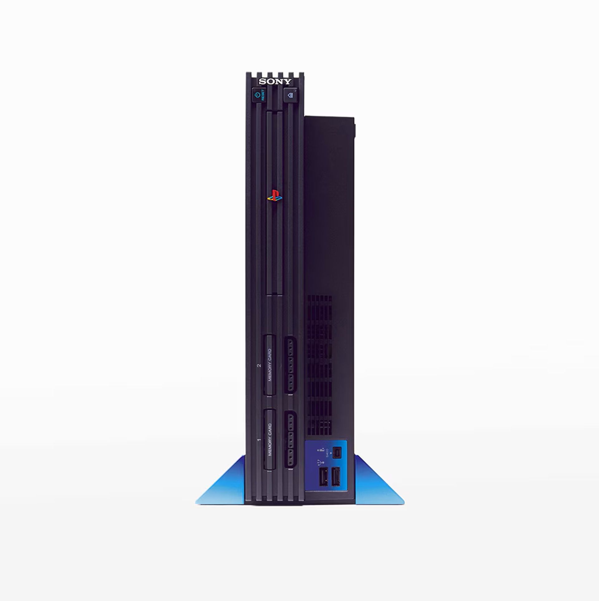 A shot of the PlayStation 2 console standing up.