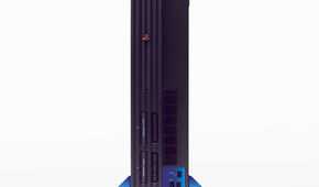 A shot of the PlayStation 2 console standing up.