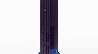 A shot of the PlayStation 2 console standing up.
