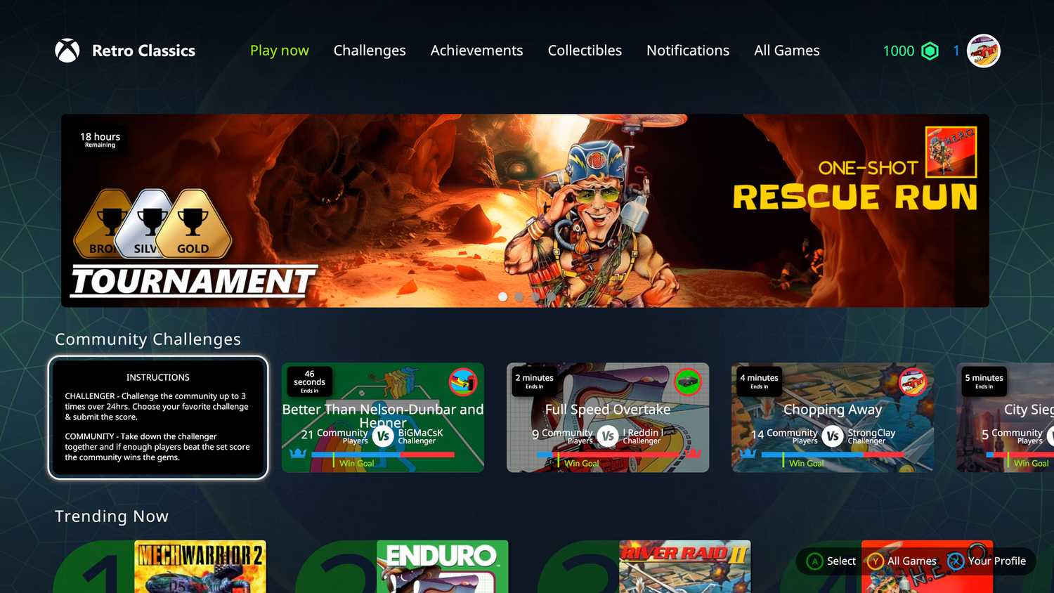 Retro Classics tournament menu showing upcoming game tournaments