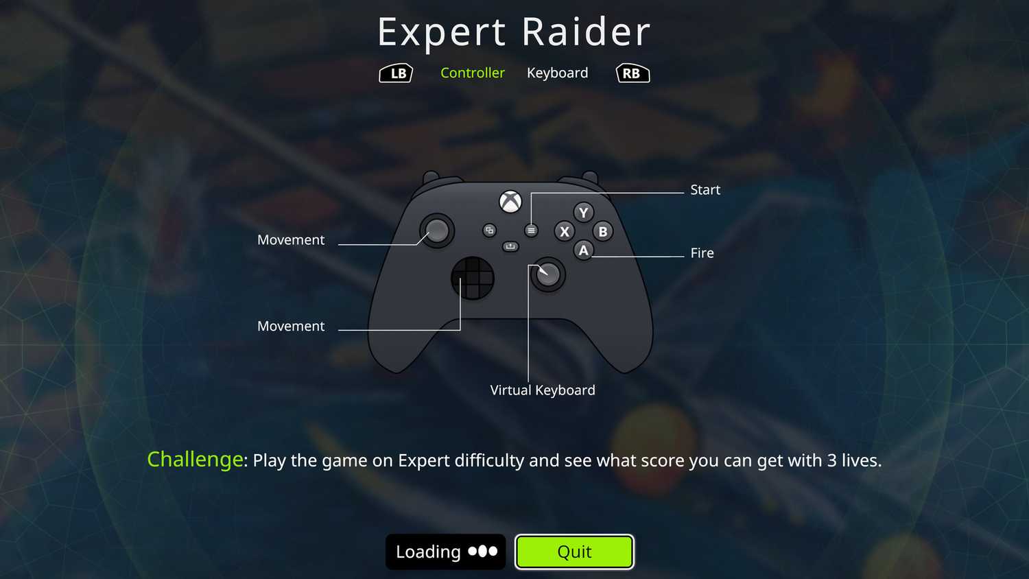 Retro Classics loading screen for Expert Raider challenge, showing the controls