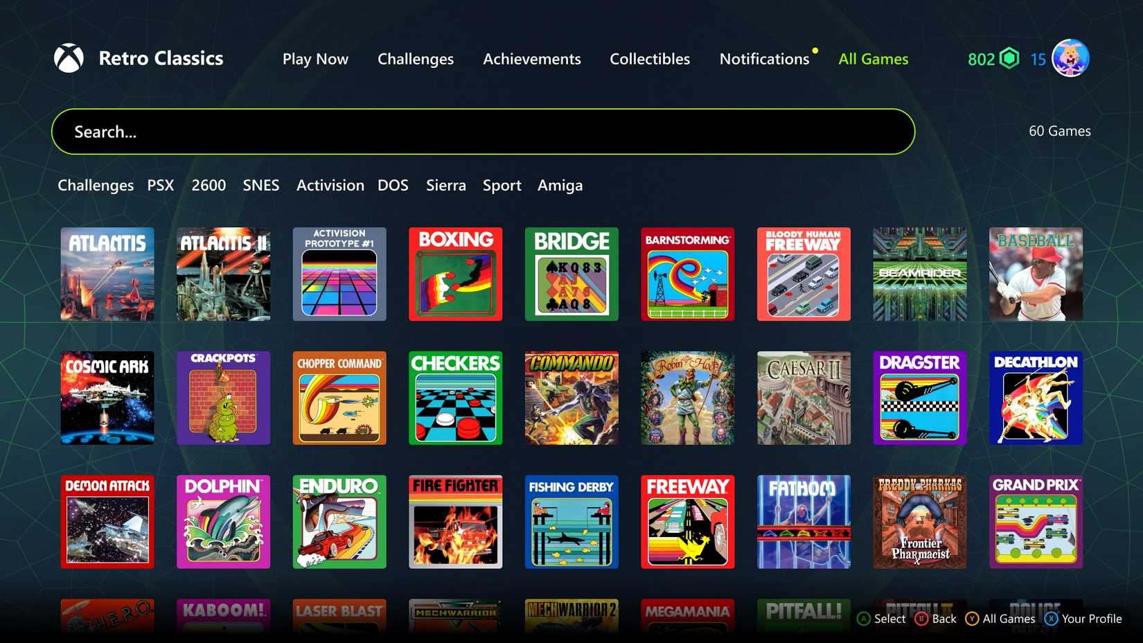 Retro Classics game selection menu showing off many of the game included