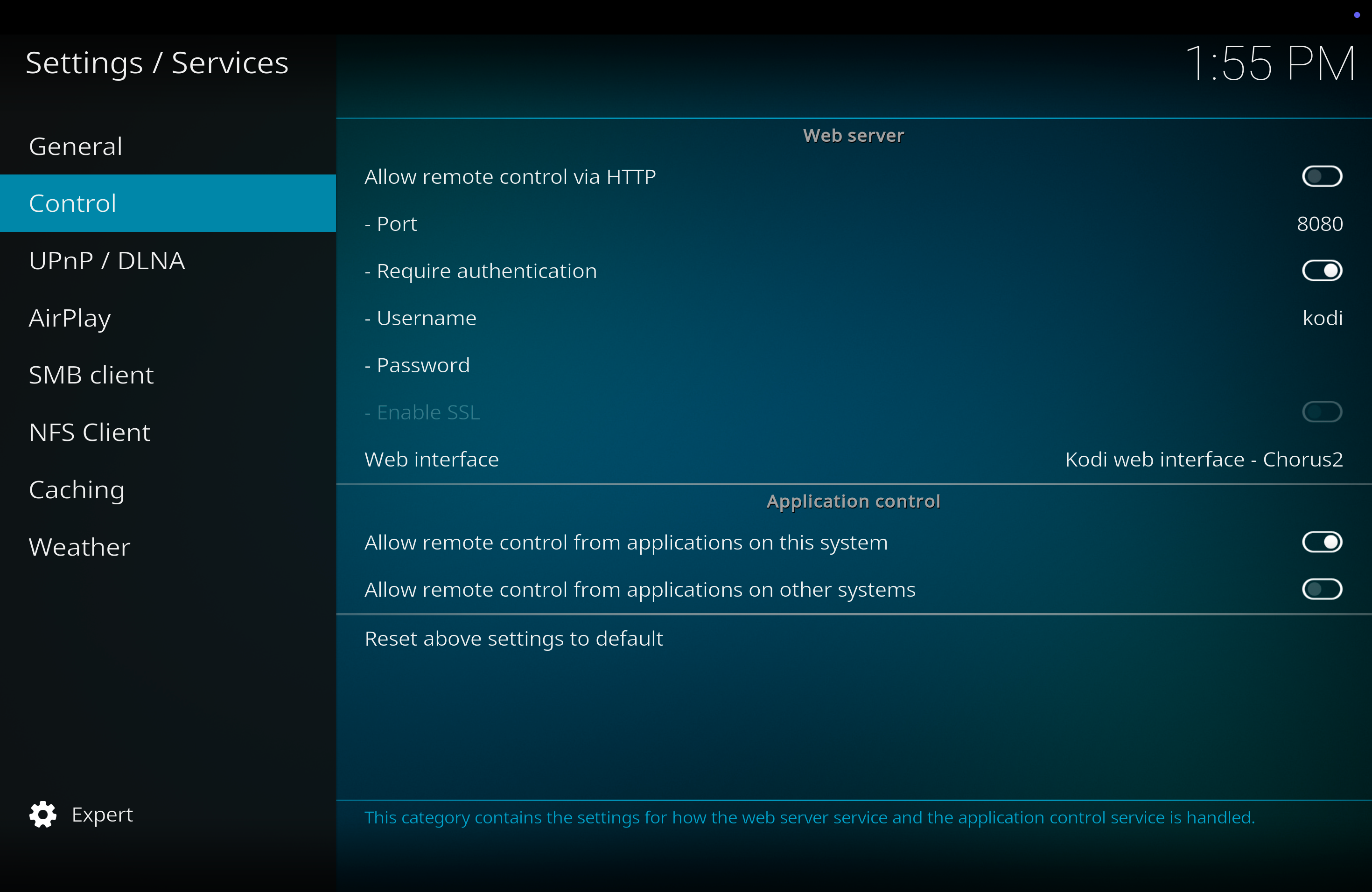 Kodi controls in settings