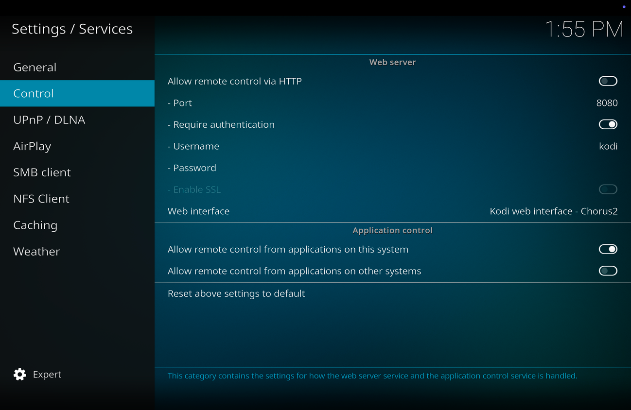 Kodi controls in settings