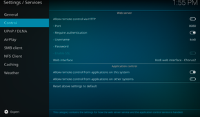 Kodi controls in settings