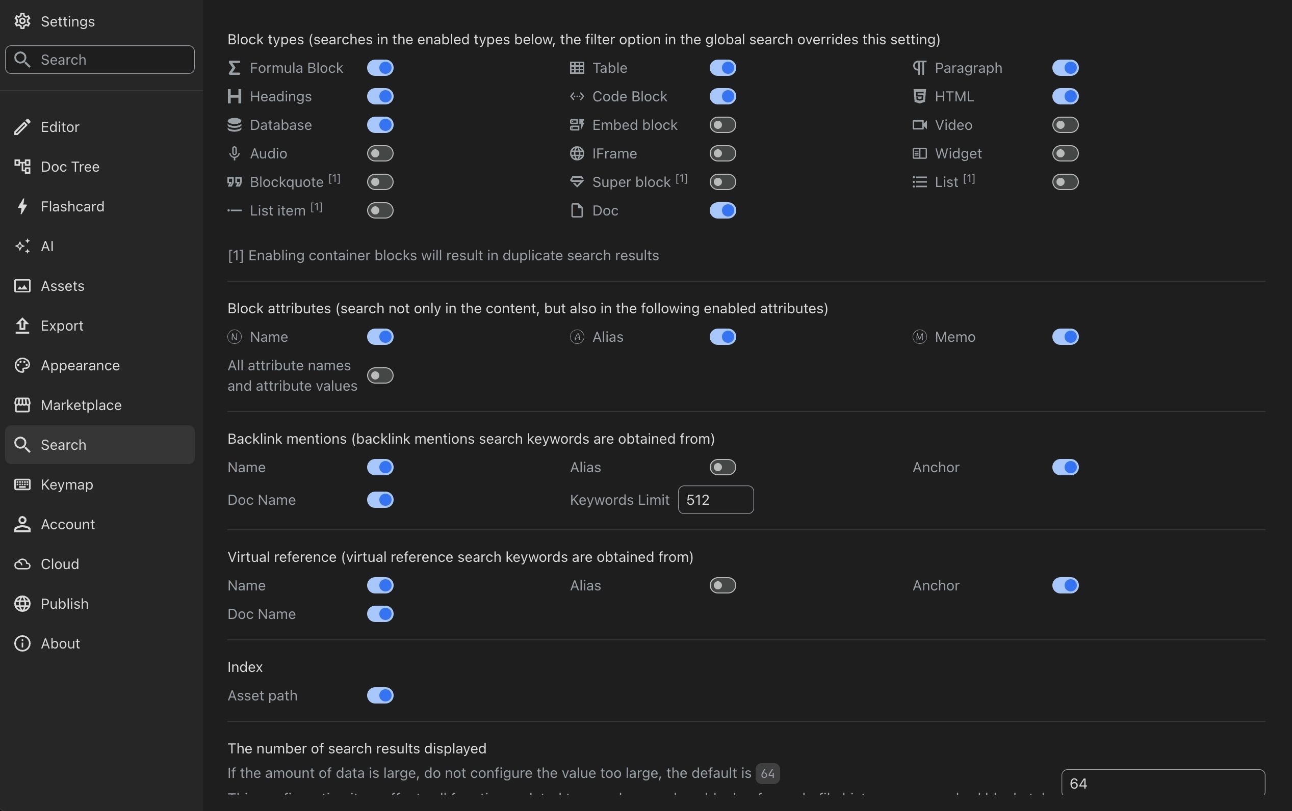Search settings on SiYuan