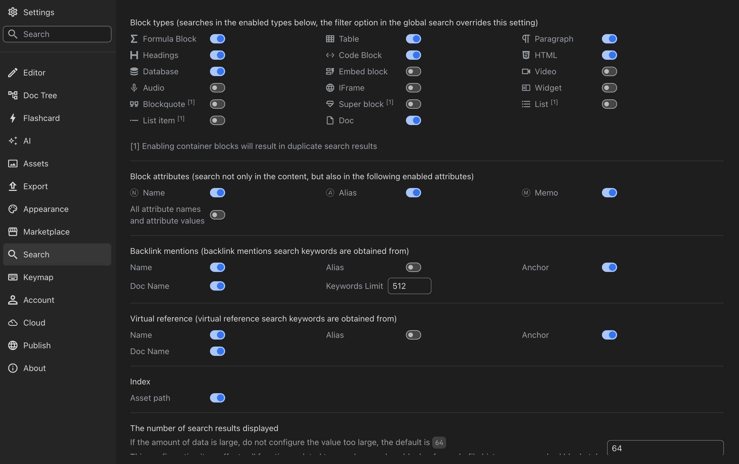 Search settings on SiYuan