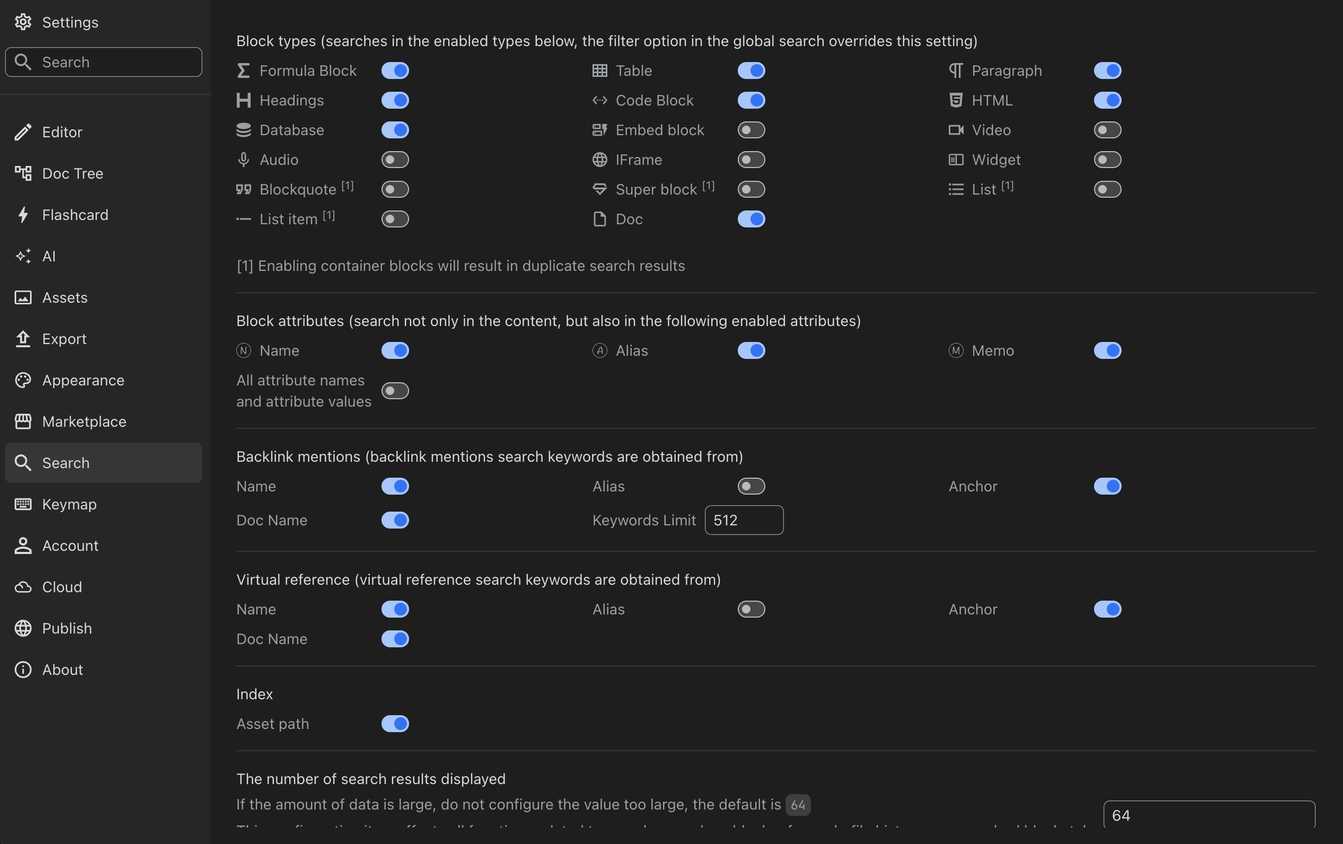 Search settings on SiYuan