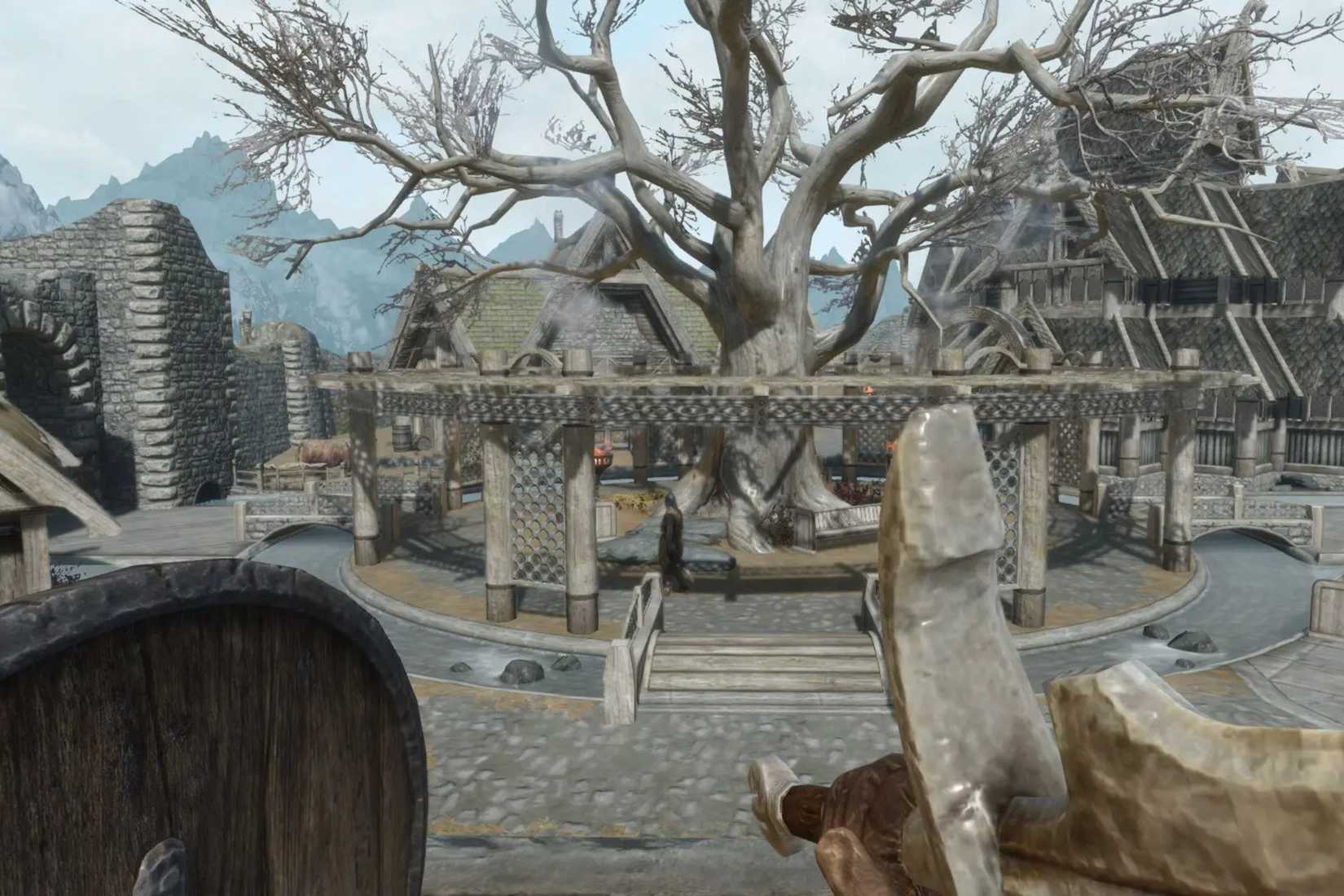 Skyrim player wielding sword and shield in town
