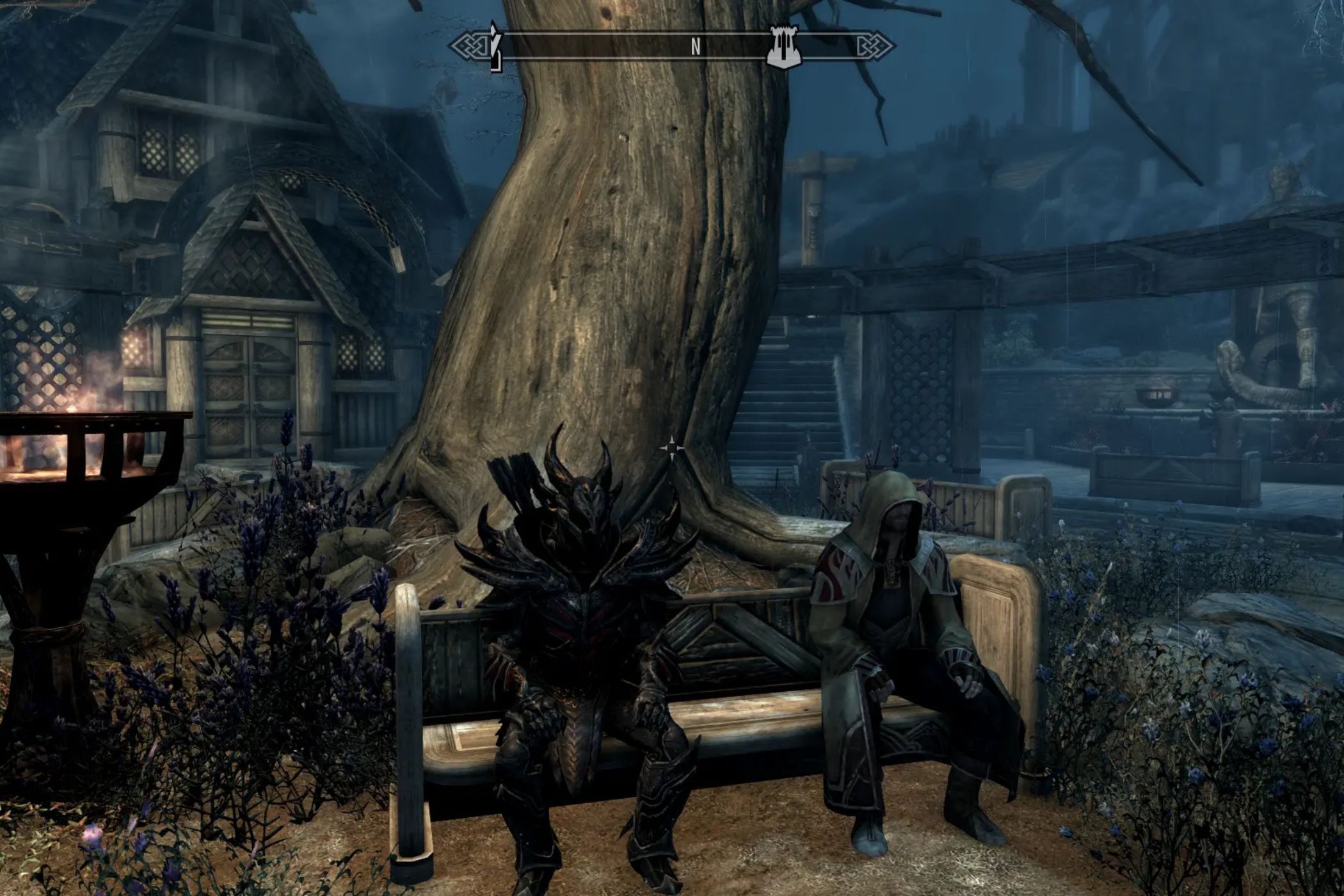 Skyrim together players sitting on bench in Whiterun