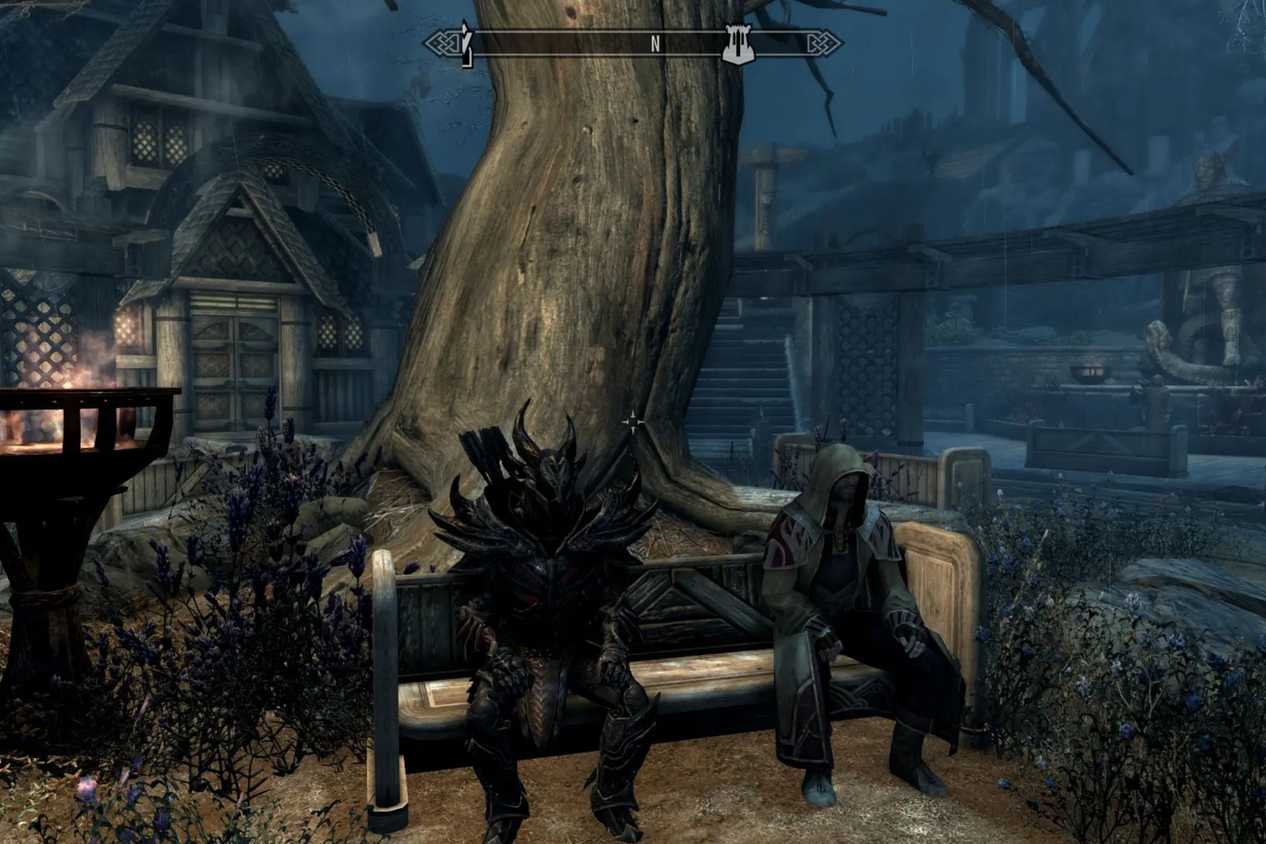 Skyrim together players sitting on bench in Whiterun