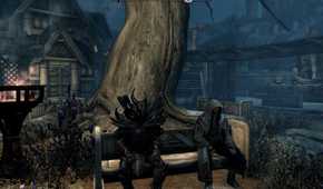 Skyrim together players sitting on bench in Whiterun
