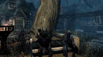 Skyrim together players sitting on bench in Whiterun