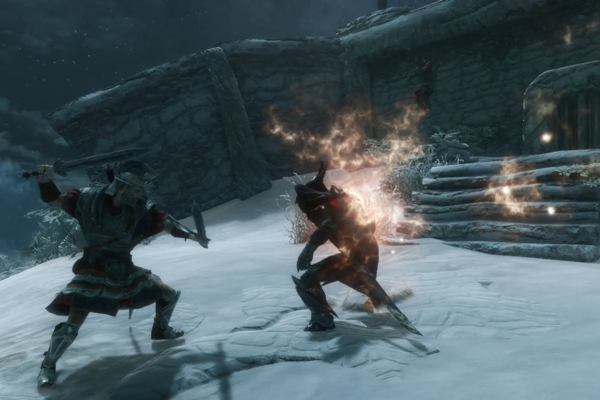 Skyrim Together players battling guards