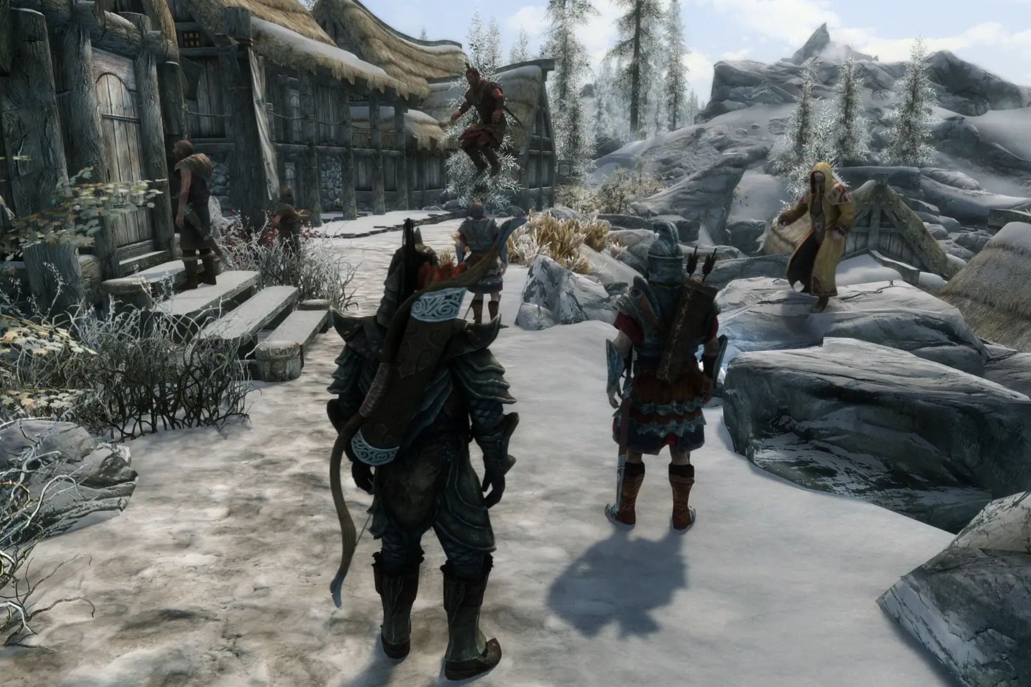 Skyrim Together players jumping around guards