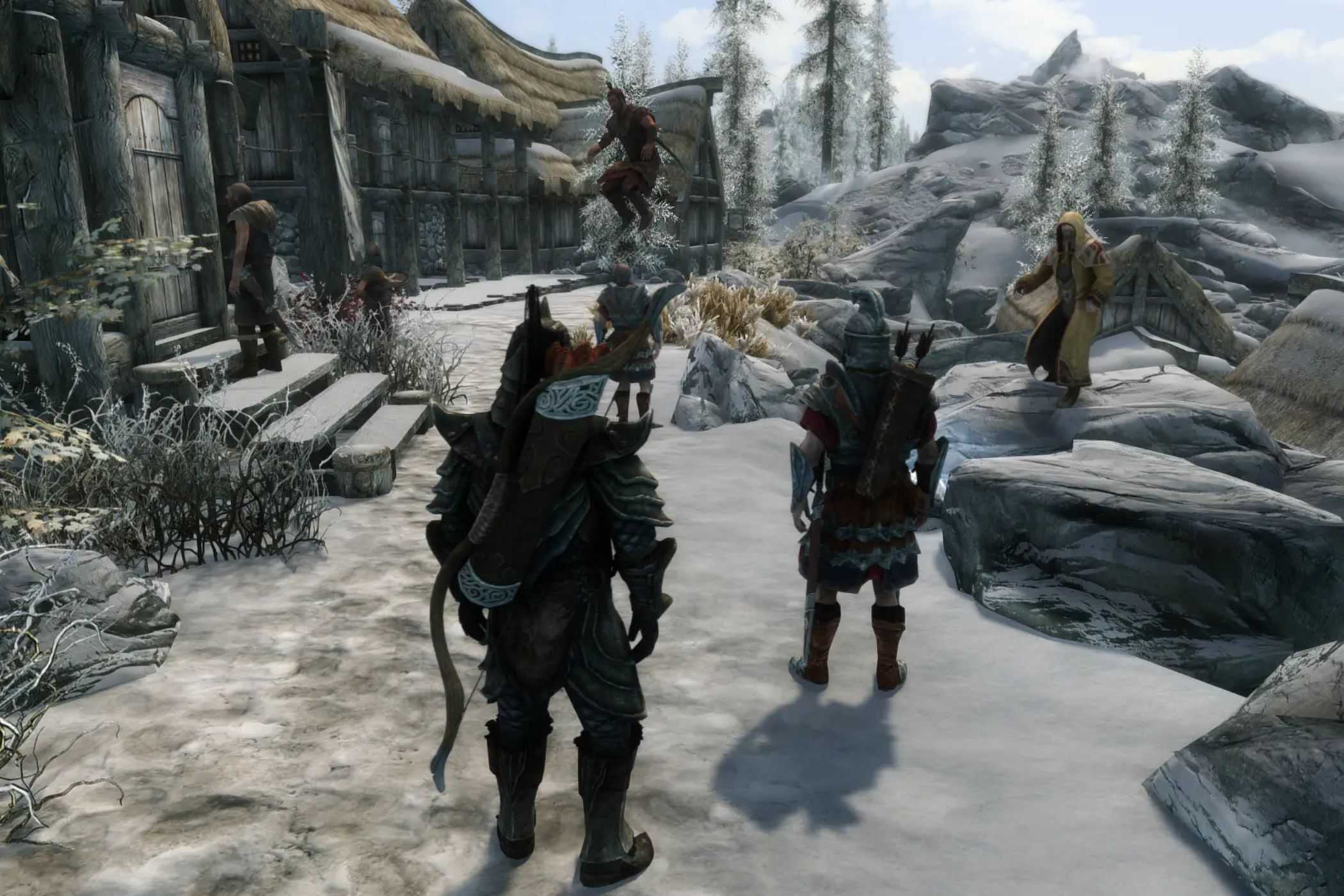 Skyrim Together players jumping around guards