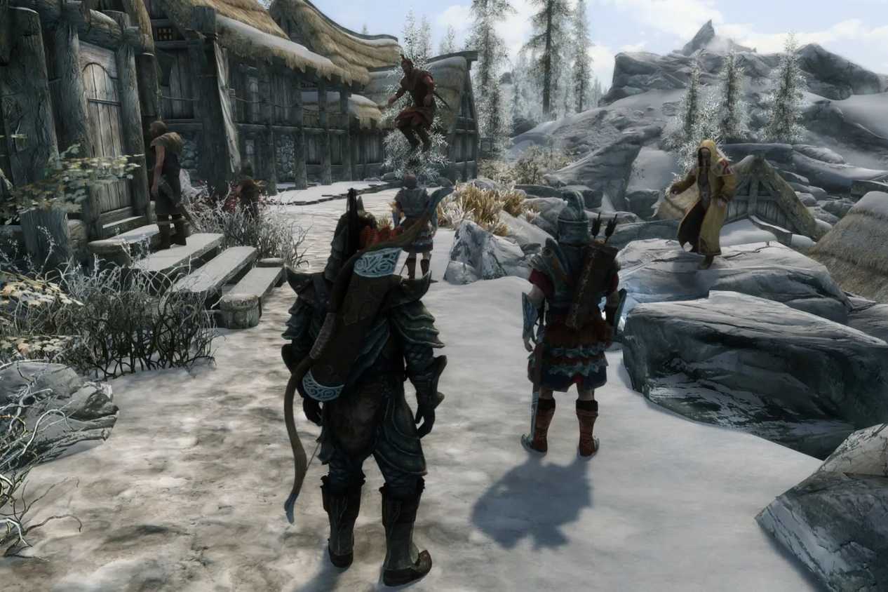 Skyrim Together players jumping around guards