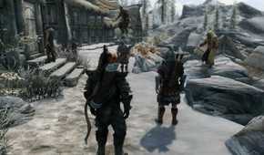 Skyrim Together players jumping around guards