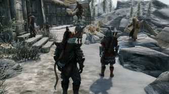 Skyrim Together players jumping around guards
