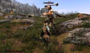Skyrim player fighting giant in field