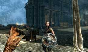 Skyrim player fighting NPC with sword