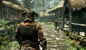 Skyrim player walking through starting town