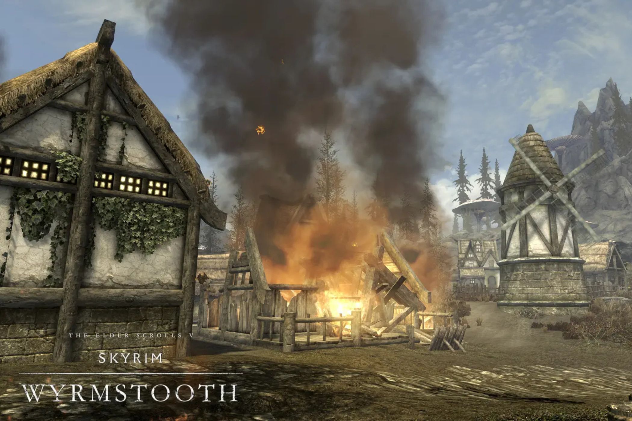 Skyrim Wyrmstooth town with burning building