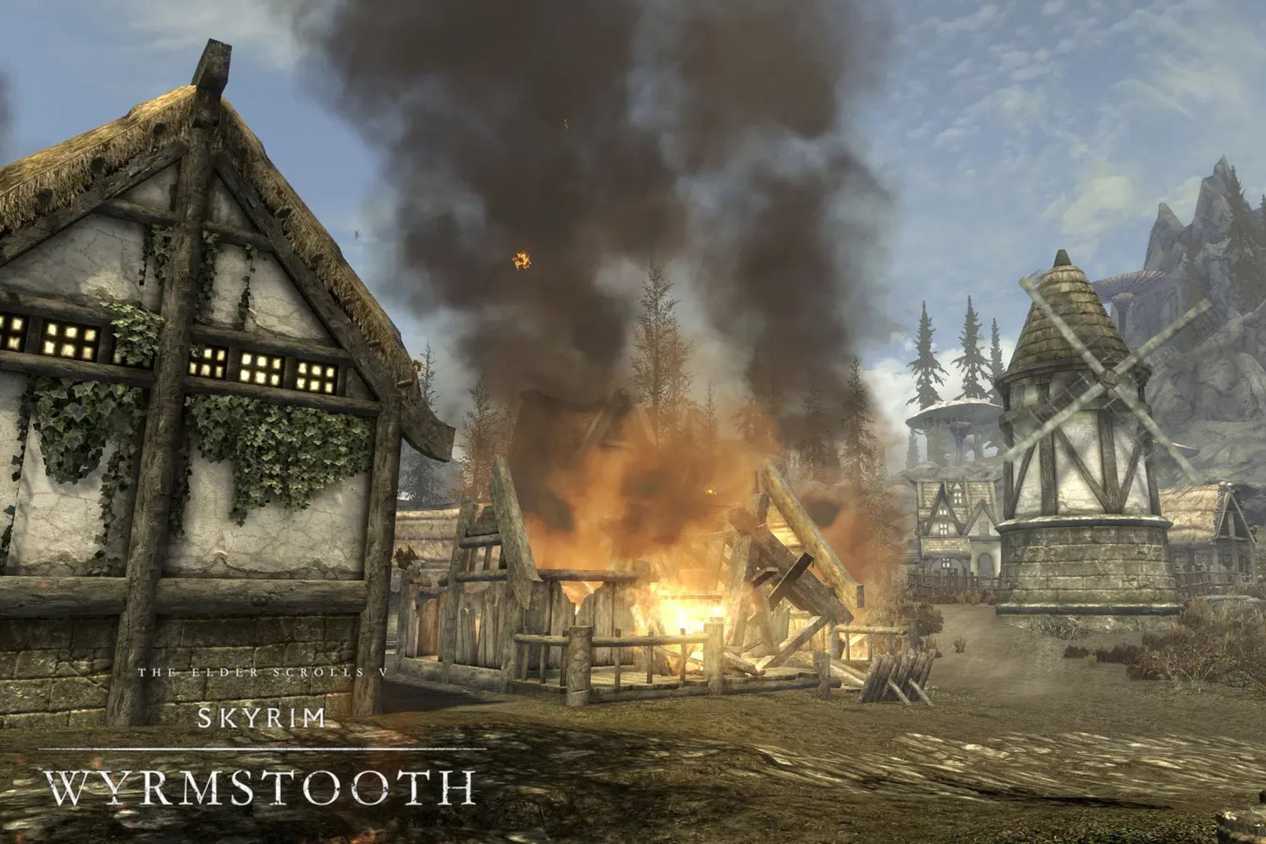 Skyrim Wyrmstooth town with burning building