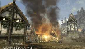 Skyrim Wyrmstooth town with burning building