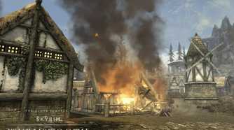 Skyrim Wyrmstooth town with burning building