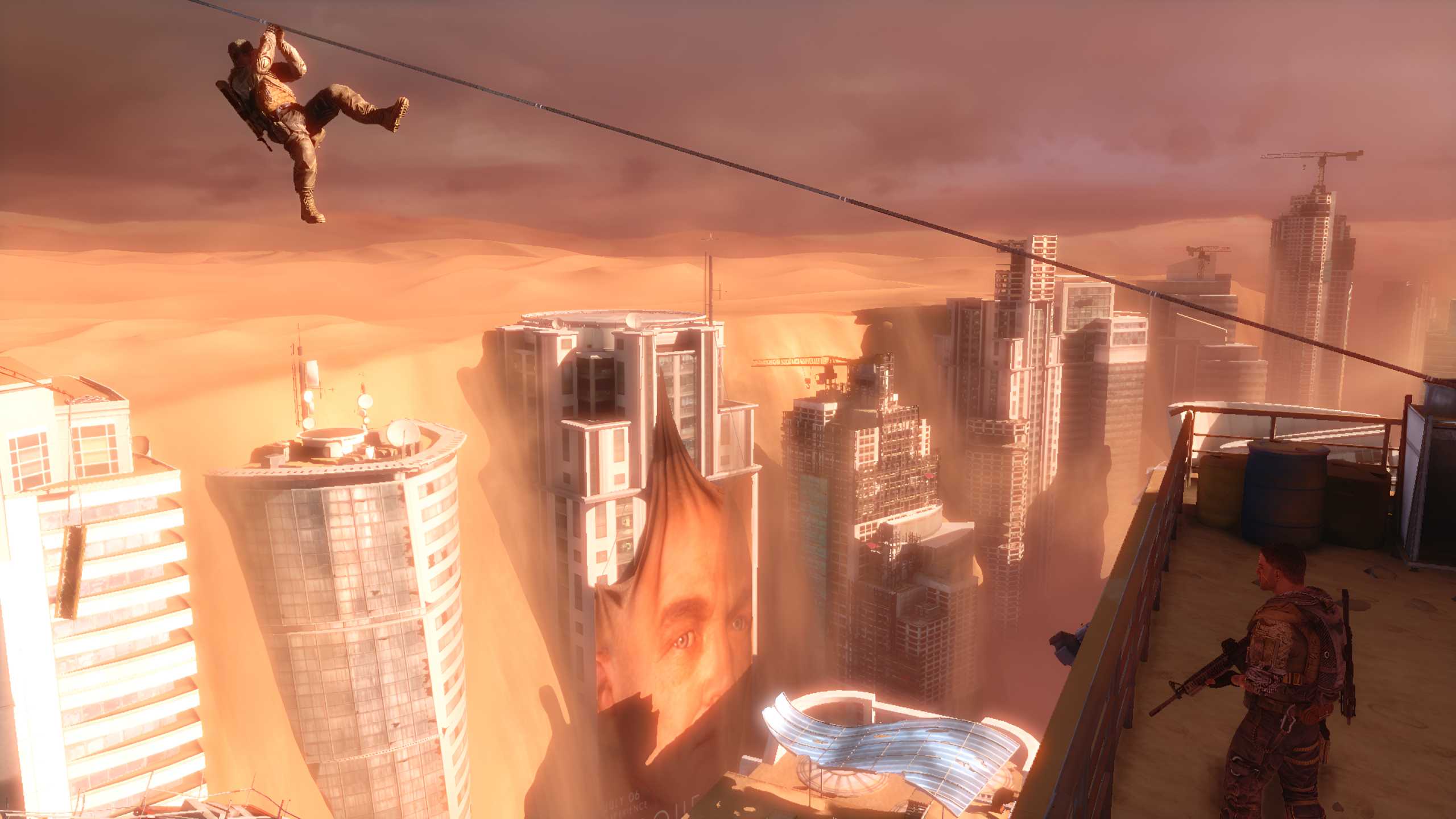 A soldier ziplining to a ledge in Spec Ops: The Line.