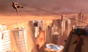 A soldier ziplining to a ledge in Spec Ops: The Line.
