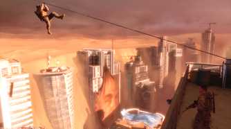A soldier ziplining to a ledge in Spec Ops: The Line.