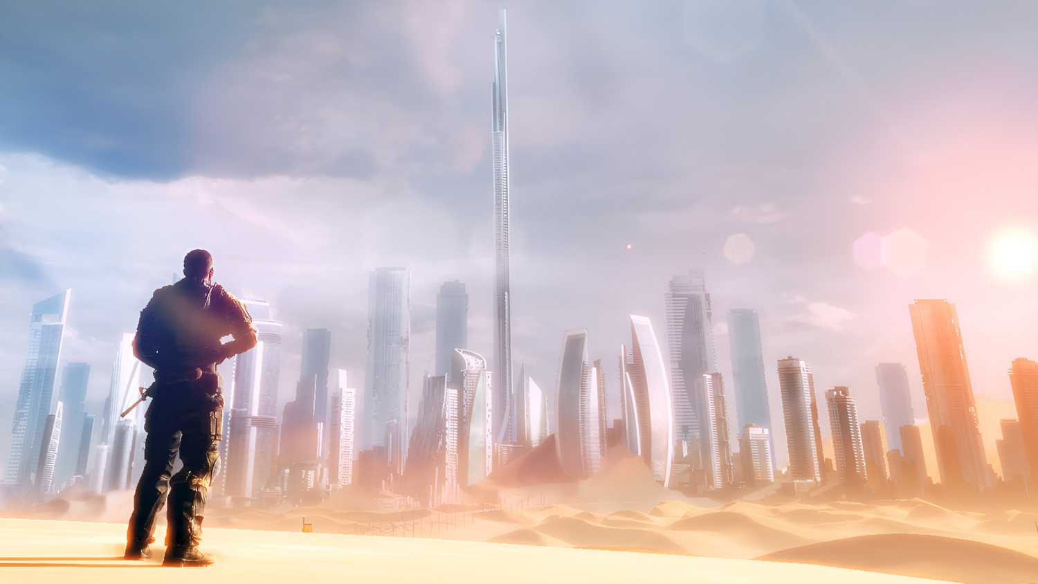 Martin Walker looking at the Dubai skyline in Spec Ops: The Line.