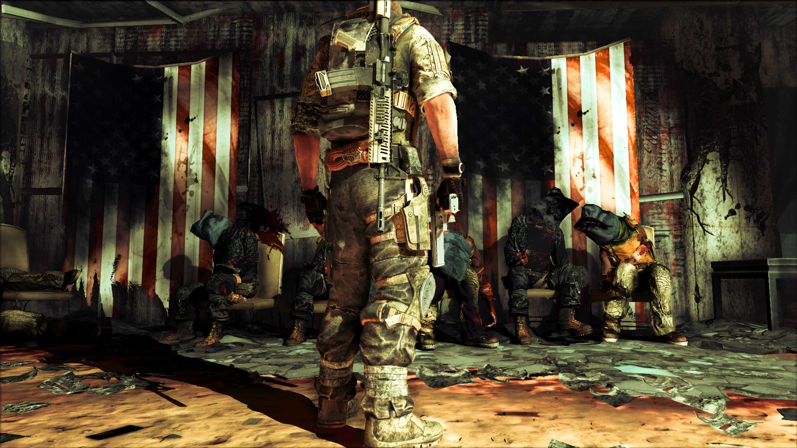 Martin walker looking at hooded corpses in Spec Ops: The Line.